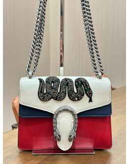 GUCCI DIONYSUS CHAIN SHOULDER BAG IN BLUE, RED & WHITE CRYSTAL BEADED EMBROIDERED SNAKE 