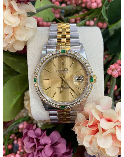 ROLEX DATEJUST REF 16233 NATURAL EMERALD DIAMOND 36MM AUTOMATIC UNISEX WATCH 