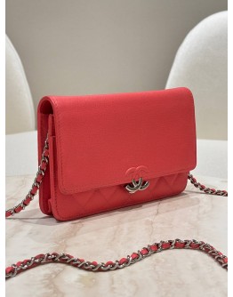 CHANEL MATELASSÉ LEATHER CC WALLET ON CHAIN (WOC) IN PINK 