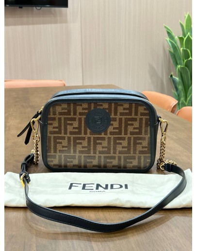 FENDI ROMA ZUCCA CAMERA CASE BAG IN SIGANTURE BLACK WITH BROWN FF LOGO MOTIF COATED CANVAS & LEATHER 