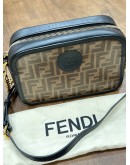 FENDI ROMA ZUCCA CAMERA CASE BAG IN SIGANTURE BLACK WITH BROWN FF LOGO MOTIF COATED CANVAS & LEATHER 