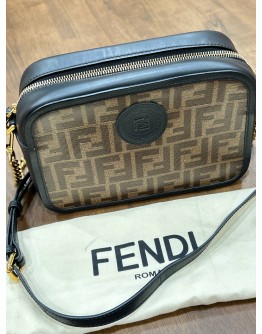 FENDI ROMA ZUCCA CAMERA CASE BAG IN SIGANTURE BLACK WITH BROWN FF LOGO MOTIF COATED CANVAS & LEATHER 