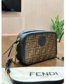 FENDI ROMA ZUCCA CAMERA CASE BAG IN SIGANTURE BLACK WITH BROWN FF LOGO MOTIF COATED CANVAS & LEATHER 
