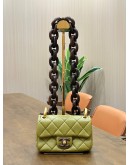 CHANEL MINI SINGLE FLAP BAG MÉTIERS D’ART COLLECTION IN OLIVE GREEN LAMBSKIN LEATHER WITH CHUCKY WENGE WOOD CHAIN 