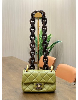 CHANEL MINI SINGLE FLAP BAG MÉTIERS D’ART COLLECTION IN OLIVE GREEN LAMBSKIN LEATHER WITH CHUCKY WENGE WOOD CHAIN 