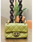 CHANEL MINI SINGLE FLAP BAG MÉTIERS D’ART COLLECTION IN OLIVE GREEN LAMBSKIN LEATHER WITH CHUCKY WENGE WOOD CHAIN 