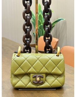 CHANEL MINI SINGLE FLAP BAG MÉTIERS D’ART COLLECTION IN OLIVE GREEN LAMBSKIN LEATHER WITH CHUCKY WENGE WOOD CHAIN 