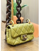 CHANEL MINI SINGLE FLAP BAG MÉTIERS D’ART COLLECTION IN OLIVE GREEN LAMBSKIN LEATHER WITH CHUCKY WENGE WOOD CHAIN 
