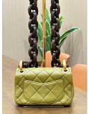CHANEL MINI SINGLE FLAP BAG MÉTIERS D’ART COLLECTION IN OLIVE GREEN LAMBSKIN LEATHER WITH CHUCKY WENGE WOOD CHAIN 