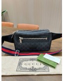 GUCCI SOFT GG SUPREME BELT BAG IN BLACK COATED CANVAS & SIGNATURE RED & BLUE WEB STRIPES STRAP 