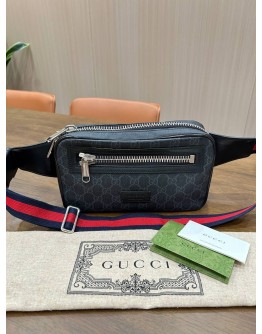 GUCCI SOFT GG SUPREME BELT BAG IN BLACK COATED CANVAS & SIGNATURE RED & BLUE WEB STRIPES STRAP 