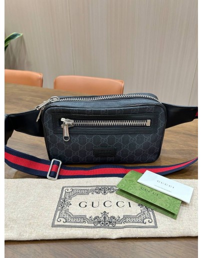 GUCCI SOFT GG SUPREME BELT BAG IN BLACK COATED CANVAS & SIGNATURE RED & BLUE WEB STRIPES STRAP 