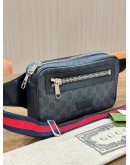 GUCCI SOFT GG SUPREME BELT BAG IN BLACK COATED CANVAS & SIGNATURE RED & BLUE WEB STRIPES STRAP 