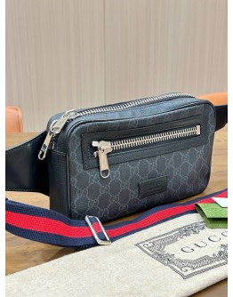 GUCCI SOFT GG SUPREME BELT BAG IN BLACK COATED CANVAS & SIGNATURE RED & BLUE WEB STRIPES STRAP 