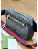GUCCI SOFT GG SUPREME BELT BAG IN BLACK COATED CANVAS & SIGNATURE RED & BLUE WEB STRIPES STRAP 
