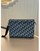 CHRISTIAN DIOR OBLIQUE A4 ZIPPED POUCH IN BLUE JACQUARD CANVAS WITH BLACK CALFSKIN LEATHER
