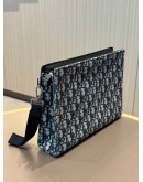 CHRISTIAN DIOR OBLIQUE A4 ZIPPED POUCH IN BLUE JACQUARD CANVAS WITH BLACK CALFSKIN LEATHER