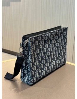 CHRISTIAN DIOR OBLIQUE A4 ZIPPED POUCH IN BLUE JACQUARD CANVAS WITH BLACK CALFSKIN LEATHER