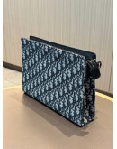 CHRISTIAN DIOR OBLIQUE A4 ZIPPED POUCH IN BLUE JACQUARD CANVAS WITH BLACK CALFSKIN LEATHER