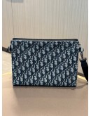 CHRISTIAN DIOR OBLIQUE A4 ZIPPED POUCH IN BLUE JACQUARD CANVAS WITH BLACK CALFSKIN LEATHER