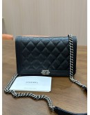 CHANEL BOY WALLET ON CHAIN IN BLACK CAVIAR DIAMOND QUILTED PATTERN LEATHER & RHODIUM HARDWARE 