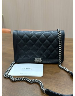CHANEL BOY WALLET ON CHAIN IN BLACK CAVIAR DIAMOND QUILTED PATTERN LEATHER & RHODIUM HARDWARE 