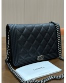 CHANEL BOY WALLET ON CHAIN IN BLACK CAVIAR DIAMOND QUILTED PATTERN LEATHER & RHODIUM HARDWARE 
