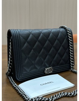 CHANEL BOY WALLET ON CHAIN IN BLACK CAVIAR DIAMOND QUILTED PATTERN LEATHER & RHODIUM HARDWARE 