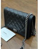 CHANEL BOY WALLET ON CHAIN IN BLACK CAVIAR DIAMOND QUILTED PATTERN LEATHER & RHODIUM HARDWARE 