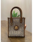 VERSACE LA MEDUSA CANVAS MINI TOTE BAG IN BROWN BEIGE ALLOVER LOGO JACQUARD PATTERN & GOLD TONED HARDWARE OF MEDUSA PLAQUE MIDDLE ON THE FRONT 