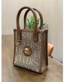 VERSACE LA MEDUSA CANVAS MINI TOTE BAG IN BROWN BEIGE ALLOVER LOGO JACQUARD PATTERN & GOLD TONED HARDWARE OF MEDUSA PLAQUE MIDDLE ON THE FRONT 