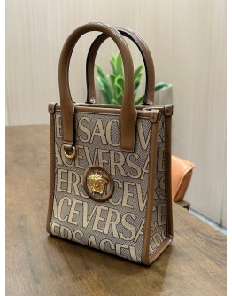 VERSACE LA MEDUSA CANVAS MINI TOTE BAG IN BROWN BEIGE ALLOVER LOGO JACQUARD PATTERN & GOLD TONED HARDWARE OF MEDUSA PLAQUE MIDDLE ON THE FRONT 