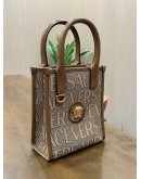 VERSACE LA MEDUSA CANVAS MINI TOTE BAG IN BROWN BEIGE ALLOVER LOGO JACQUARD PATTERN & GOLD TONED HARDWARE OF MEDUSA PLAQUE MIDDLE ON THE FRONT 