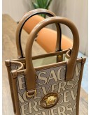 VERSACE LA MEDUSA CANVAS MINI TOTE BAG IN BROWN BEIGE ALLOVER LOGO JACQUARD PATTERN & GOLD TONED HARDWARE OF MEDUSA PLAQUE MIDDLE ON THE FRONT 