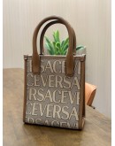 VERSACE LA MEDUSA CANVAS MINI TOTE BAG IN BROWN BEIGE ALLOVER LOGO JACQUARD PATTERN & GOLD TONED HARDWARE OF MEDUSA PLAQUE MIDDLE ON THE FRONT 