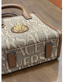 VERSACE LA MEDUSA CANVAS MINI TOTE BAG IN BROWN BEIGE ALLOVER LOGO JACQUARD PATTERN & GOLD TONED HARDWARE OF MEDUSA PLAQUE MIDDLE ON THE FRONT 