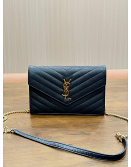 YSL YVES SAINT LAURENT CASSANDRE ENVELOPE WOC IN BLACK GRAIN DE POUDRE LEATHER WITH GOLD HARDWARE 