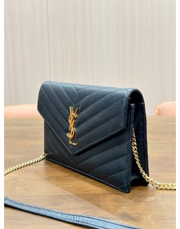 YSL YVES SAINT LAURENT CASSANDRE ENVELOPE WOC IN BLACK GRAIN DE POUDRE LEATHER WITH GOLD HARDWARE 