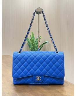 CHANEL MAXI CLASSIC SINGLE FLAP BAG IN ELECTRIC BLUE CAVIAR LEATHER WITH SILVER HARDWARE 