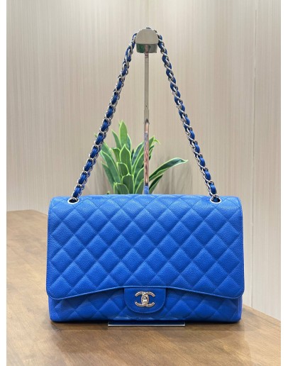 CHANEL MAXI CLASSIC SINGLE FLAP BAG IN ELECTRIC BLUE CAVIAR LEATHER WITH SILVER HARDWARE 