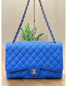 CHANEL MAXI CLASSIC SINGLE FLAP BAG IN ELECTRIC BLUE CAVIAR LEATHER WITH SILVER HARDWARE 