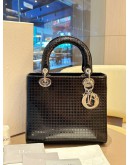 CHRISTIAN DIOR MEDIUM LADY DIOR SATCHEL IN BLACK METALLIC PATENT MICROCANNAGE LEATHER WITH SILVER HARDWARE