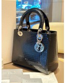 CHRISTIAN DIOR MEDIUM LADY DIOR SATCHEL IN BLACK METALLIC PATENT MICROCANNAGE LEATHER WITH SILVER HARDWARE