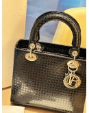 CHRISTIAN DIOR MEDIUM LADY DIOR SATCHEL IN BLACK METALLIC PATENT MICROCANNAGE LEATHER WITH SILVER HARDWARE