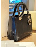 CHRISTIAN DIOR MEDIUM LADY DIOR SATCHEL IN BLACK METALLIC PATENT MICROCANNAGE LEATHER WITH SILVER HARDWARE