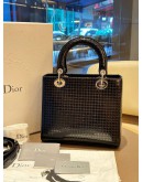 CHRISTIAN DIOR MEDIUM LADY DIOR SATCHEL IN BLACK METALLIC PATENT MICROCANNAGE LEATHER WITH SILVER HARDWARE
