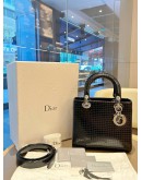 CHRISTIAN DIOR MEDIUM LADY DIOR SATCHEL IN BLACK METALLIC PATENT MICROCANNAGE LEATHER WITH SILVER HARDWARE