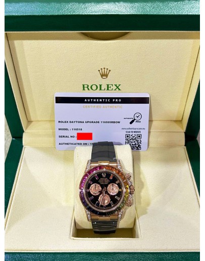 ROLEX DAYTONA REF 116518 18K 750 ROSE GOLD UPGRADE 116595RBOW RAINBOW SAPPHIRE BLACK DIAL 40MM AUTOMATIC WATCH