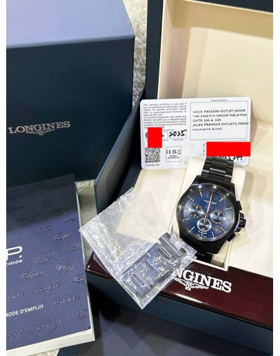 LONGINES CONQUEST VHP CHRONOGRAPH BLACK PVD REF L3.717.2.96.6 BLUE DIAL 42MM QUARTZ WATCH