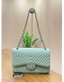 CHANEL JUMBO CLASSIC DOUBLE FLAP SHOULDER BAG IN SAGE GREEN CHEVRON WITH SILVER HARDWARE 